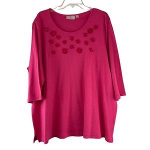 Quacker Factory Pullover Top Women Size 3X Pink Ribbon Flowers 3/4 Sleeve Cotton